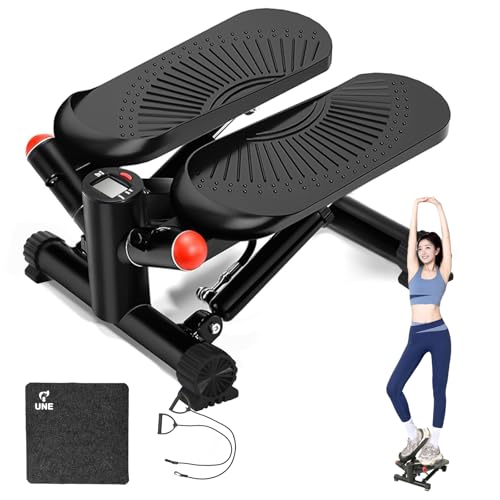 UNE 静音ステッパー V字型ステップ設計 油压式 ミニステッパー 足踏みステッパー 省スペース コンパクト 全身トレーニング 有酸素運動 筋トレグッズ エクササイズバンド付き モニター付き 室内用 足踏み 高齢者 運動器具